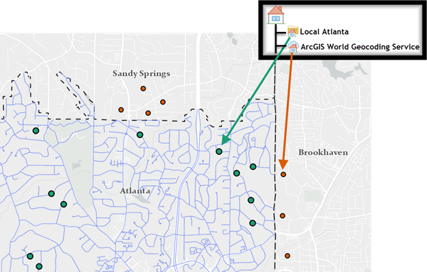 アトランタの道路ロケーターと ArcGIS World Geocoding Service (隣接する各市内の住所の照合に使用する) で構成されたコンポジット ロケーターの結果