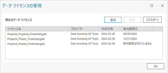 [データ ライセンスの管理] ダイアログ ボックス