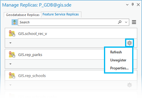 フィーチャ サービス レプリカ タブのオプション ボタンを使用すると、オプション付きのメニューが表示され、レプリカを更新または登録解除したり、レプリカのプロパティを開いたりできます。