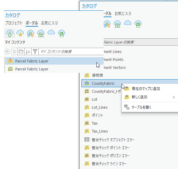 パーセル ファブリックおよびそのレイヤーをポータルからマップに追加する。