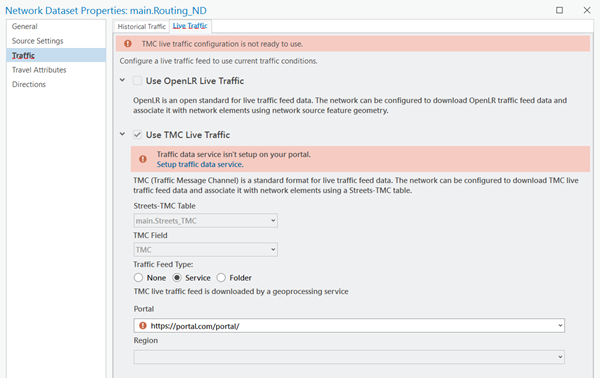 TMC ライブ交通量の使用の設定を示す、main.Routing_ND のネットワーク データセット プロパティ ダイアログ ボックス