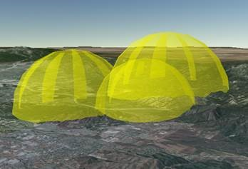 正面が透けてドームの背景が表示される 3 つの透明な黄色いドーム