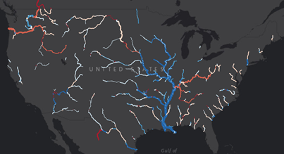 小さな縮尺の場合、流量が非常に多い河川のみが描画されている詳細な水文解析データセット
