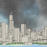 建物と雨が降っているグレーの空を示すシーン