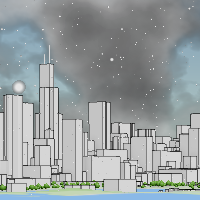 建物と雪が降っているグレーの空を示すシーン