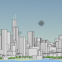 小さなグレーの雲が浮かぶ青空を背景とした建物を示すシーン