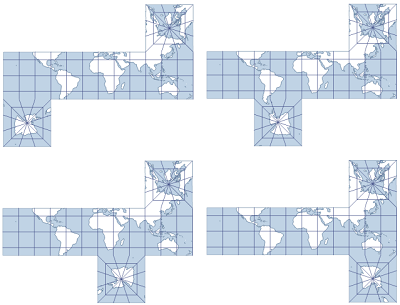 オプション 12 ～ 15 をそれぞれ使用したキューブ図法の例