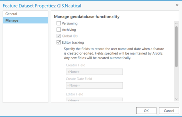 Manage tab displaying Manage geodatabase functionality options