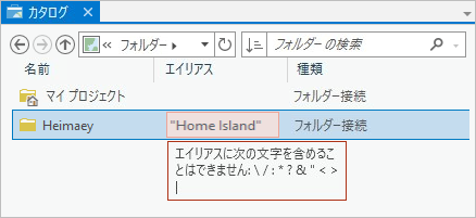 使用できない文字を含むエイリアスを表示したカタログ ビュー