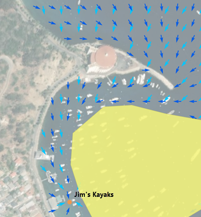 カヤック漕ぎと目的地の間に半島が存在する場合に、ソース方向とバック方向がどのように異なるかを示すマップ