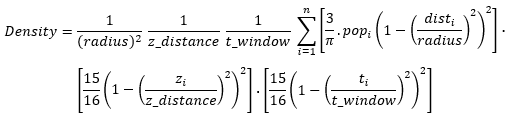 X,Y での標高および時間全体のカーネル密度の式