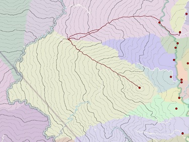 同じ目的地から別々のソースに移動する、同じコストを持つパスのマップ