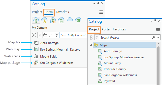 Catalog pane showing portal items on the Portal tab and corresponding maps on the Project tab