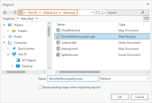 Map package selected on the Import dialog box Map package selected on the Import dialog box