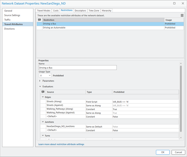 Restriction page in the Network Dataset Properties window showing the Driving a Bus restriction Restriction page in the Network Dataset Properties window showing the Driving a Bus restriction