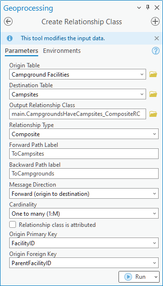 Create Relationship Class tool parameters populated for a composite relationship class Create Relationship Class tool parameters populated for a composite relationship class