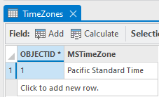 Screenshot of the attribute table of a time zone table with a single row