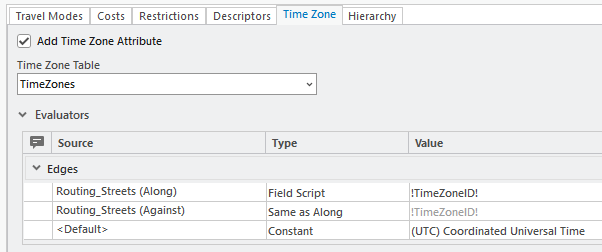 Screenshot of time zone attribute configuration using a field script evaluator