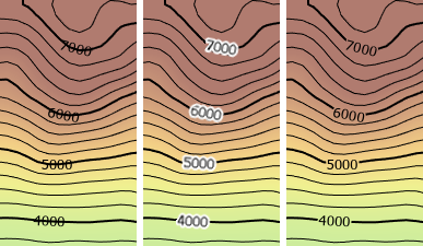 Three views of the same map area with black contour lines and annotation overtop a continuous gradient of hypsometric tinting