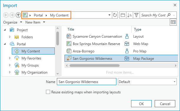 Map package selected on the Import dialog box Map package selected on the Import dialog box