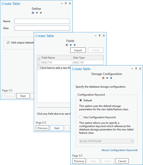 Create Table wizard dialog box options Create Table wizard dialog box options