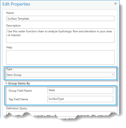 Set the Group Field Name and Tag Field Name parameters in the raster function template editor. Set the Group Field Name and Tag Field Name parameters in the raster function template editor.