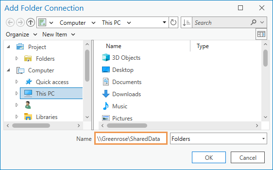 A folder connection added with a UNC path A folder connection added with a UNC path