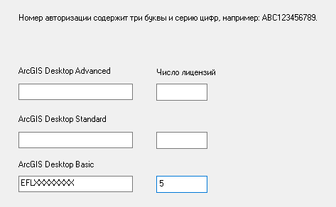 Номер авторизации для пяти плавающий лицензий ArcGIS Desktop Basic