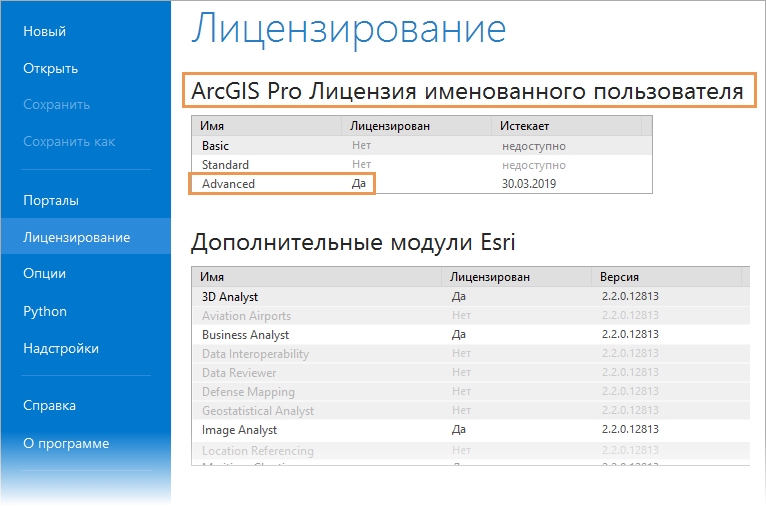 Тип лицензии определен как лицензия именованного пользователя в ArcGIS Pro