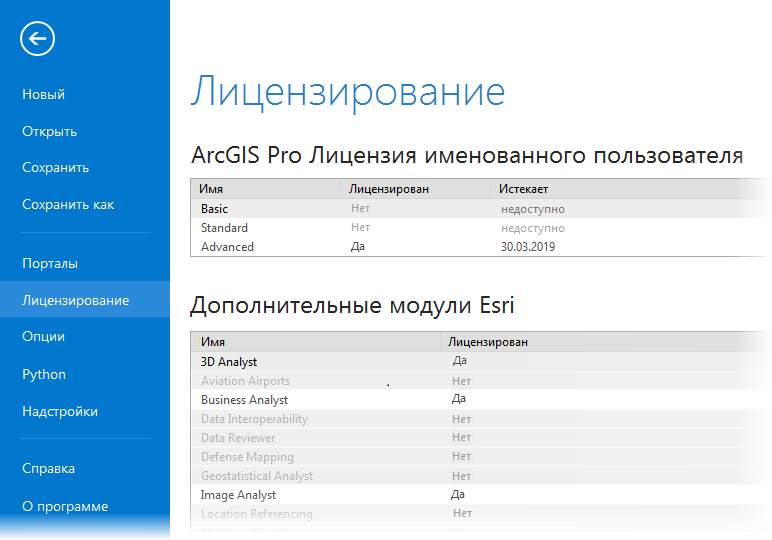 Информация о лицензии в ArcGIS Pro