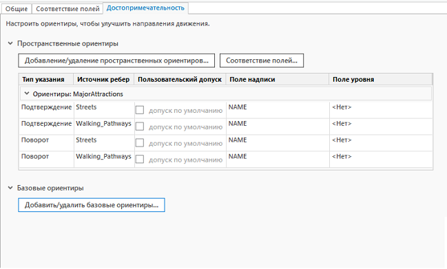 Вкладка Ориентиры отображает типы ориентиров, которые можно использовать в пошаговых путевых листах