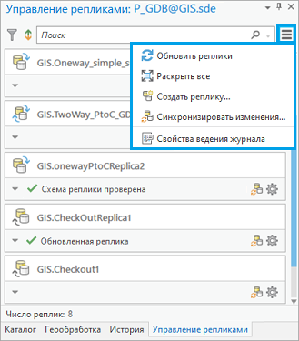 Команды меню Управление репликами