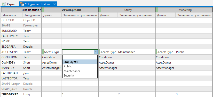 Присвоение значения по умолчанию Employees для поля ACCESSTYPE слоя Buildings подтипа Development