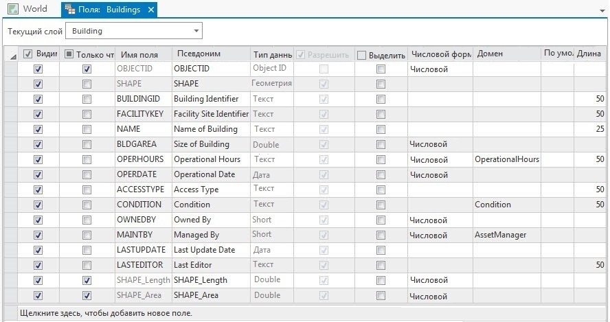 Вид полей для слоя Building модели данных Campus Editing