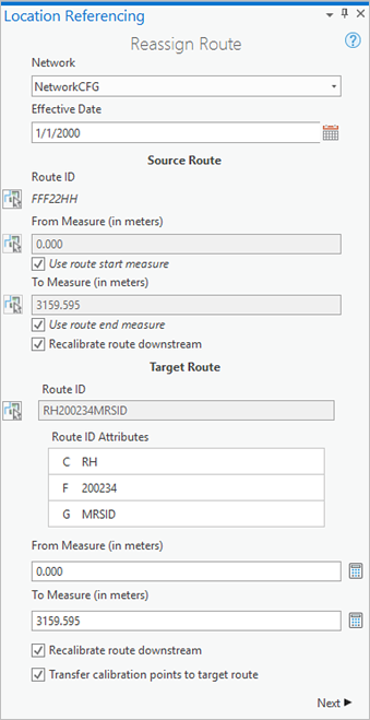 Reassign Route pane with a user-created, multi-field Route ID