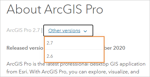 Раскрывающийся список переключатель версий на странице справки ArcGIS Pro