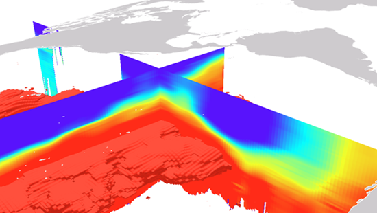Экологический слой вокселов морской единицы, показывающий концентрацию нитратов в виде изоповерхности и поперечного сечения