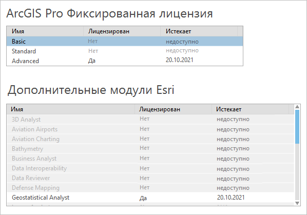 Информация о фиксированной лицензии в ArcGIS Pro