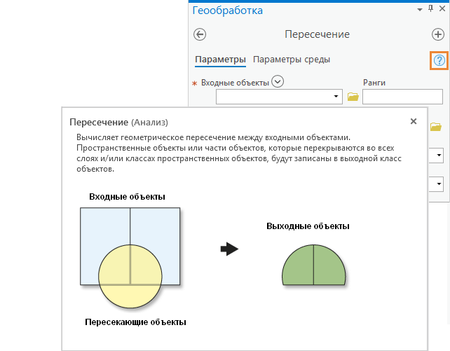 Всплывающее окно Справка для инструмента геообработки Пересечение