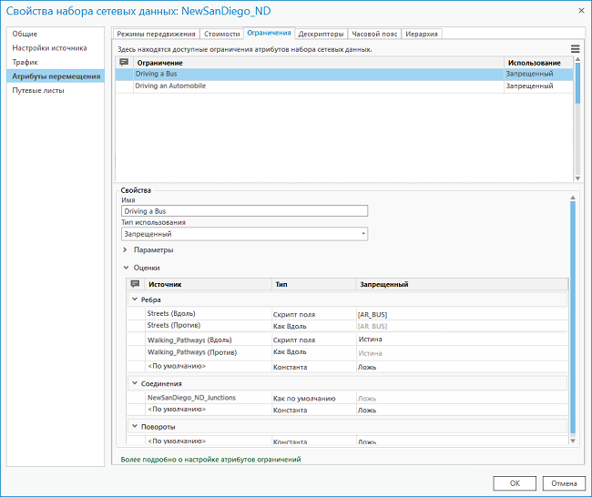 Страница ограничения в Свойствах набора сетевых данных, отображающая ограничение на вождение автобуса