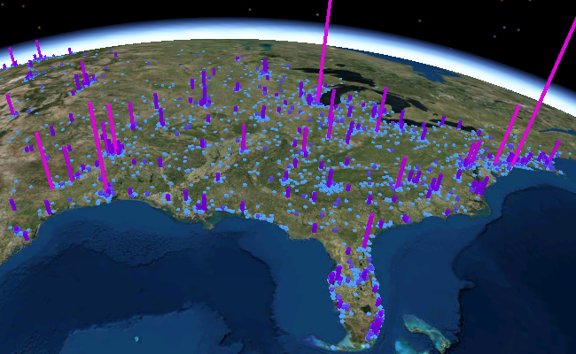 Глобальная сцена, на которой показано население городов США