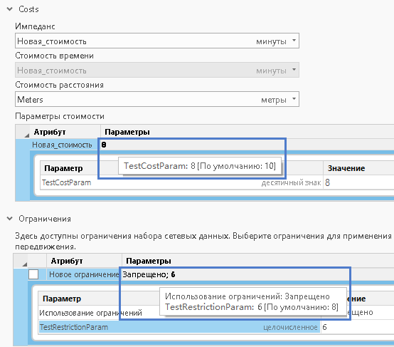Отредактированные значения параметров атрибутов стоимости и ограничения
