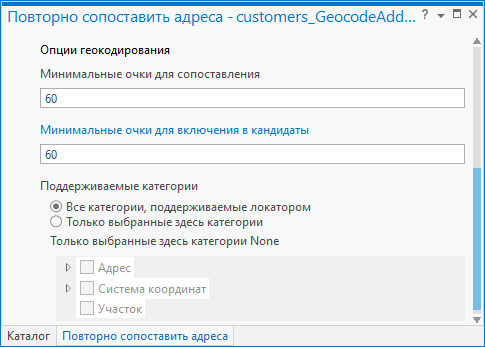 Опции геокодирования на панели Повторно сопоставить адреса