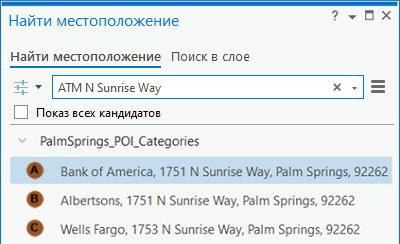 Результат поиска категории POI с названием улицы на панели Найти местоположение