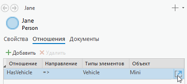 Задержите курсор над отношением или связанным элементом, чтобы увидеть кнопку Открыть.