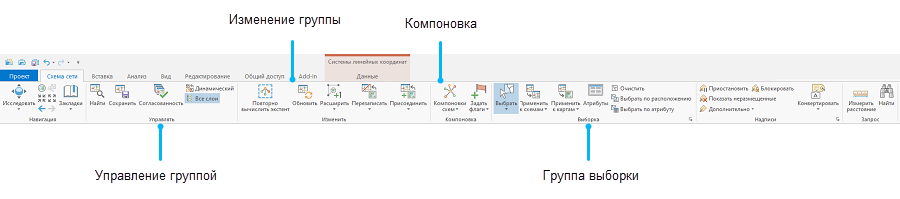 Инструменты и команды на основной вкладке Схема сети