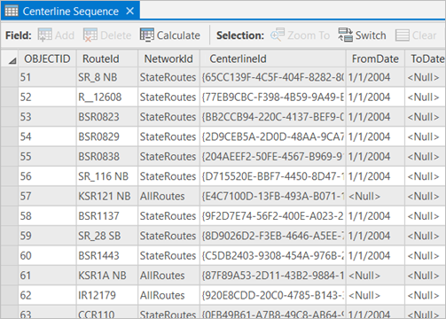 Centerline sequence table example