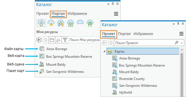 Панель Каталога, показывающая элементы портала на вкладке Портал и соответствующие карты на вкладке Проект