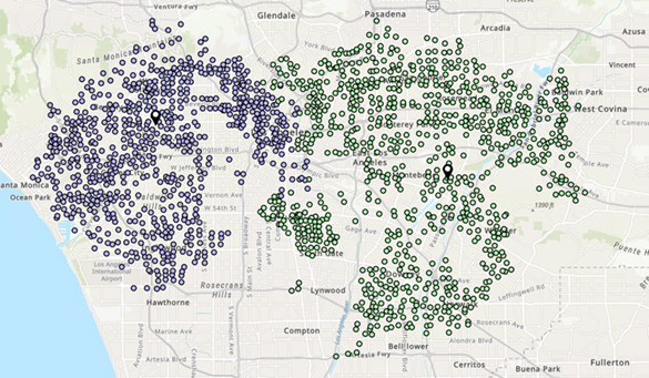 Antique store locations and their customers on the map.