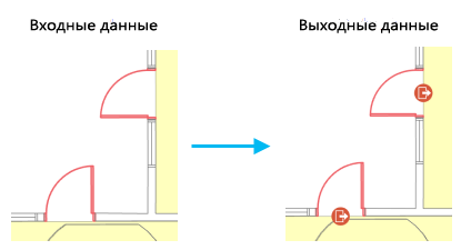 Пример работы инструмента Создать входы в здание для одиночной распашной двери